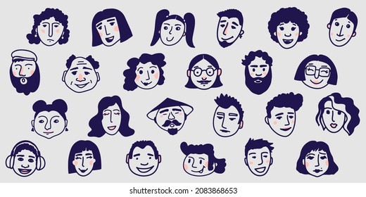 Cartoon faces set. People doodle icon collection. Black and white hand drawn comic caricature. Vector illustration.