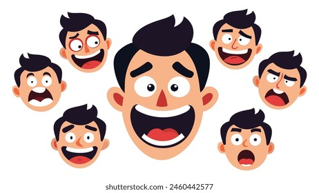 Cartoon faces. Smiling, scared, angry and sad emotions isolated on white, emoticons collection