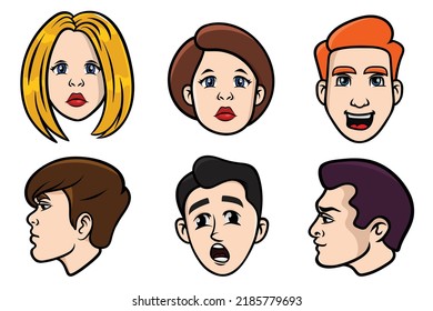 Cartoon Faces, Vector Faces Set, Cartoon Heads, Clip Art Vector Illustration, Woman And Man Faces, Human Faces Expressing, Flat Avatars, Cartoon Character, Funny Expressions, Smiling People,