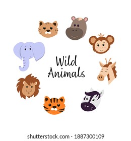 Cartoon faces of wild animals isolated on white background. Safari, jungle, woodland, giraffe, elephant, tiger, leopard, hippo, zebra, lion and monkey. Vector set in flat style for baby design.
