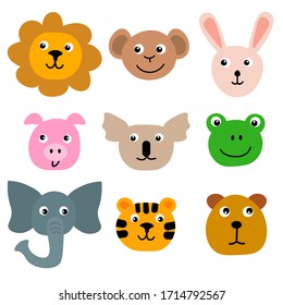 Cartoon faces of zoo animals in flat style isolated on white background.  Animal avatars. Lion and tiger, monkey and rabbit, pig and koala, elephant and bear, frog. Vector illustration. 