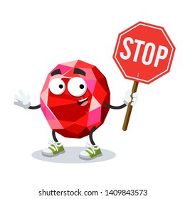 cartoon faceted gemstone red ruby mascot with tablet stop in hand on white background