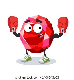 cartoon faceted gemstone red ruby mascot in red boxing gloves on white background