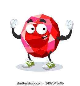 cartoon faceted gemstone red ruby mascot shows its strength on a white background