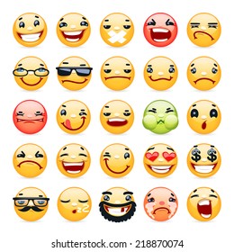 Cartoon Facial Expression Smile Icons Set. Isolated on White Background.