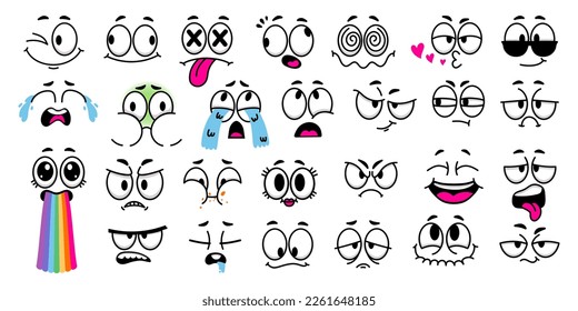 Cartoon facial expressions. Comic faces with caricature eyes, doodle eyebrows and mouth for 1970 animation style character design vector set. Character feeling sick, crying and eating