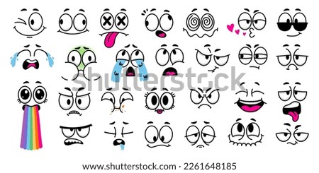 Cartoon facial expressions. Comic faces with caricature eyes, doodle eyebrows and mouth for 1970 animation style character design vector set. Character feeling sick, crying and eating