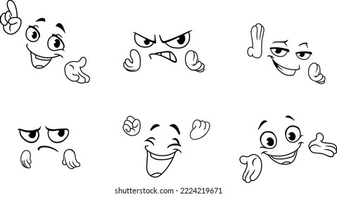 Cartoon facial expressions and hand gestures line art set