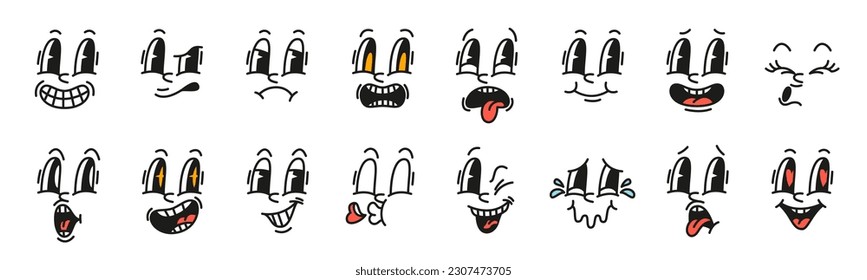 Cartoon facial expressions. Mascot rubber emotions, old animation character face, funny smiles, laughter and sadness, tears and anger, eyes and nose and mouth, tidy vector isolated set