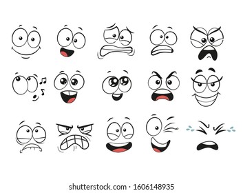 Cartoon facial expressions set. Cartoon faces. Expressive eyes and mouth, smiling, crying and surprised character face expressions. Caricature comic emotions or emoticon doodle. Isolated vector