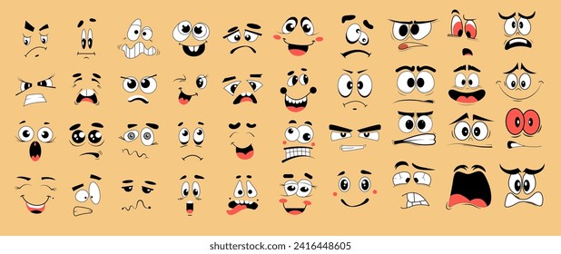 Cartoon Facial Expressions Set on an isolated background. A collection of varied cartoon faces showing multiple emotions. Vector illustration