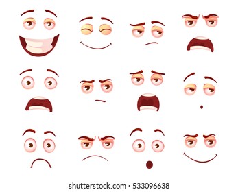 Cartoon facial expressions set of vectors. Creative style of smiles with different emotions - sadness, pain, shock, joy, inspiration, anger, sadness.