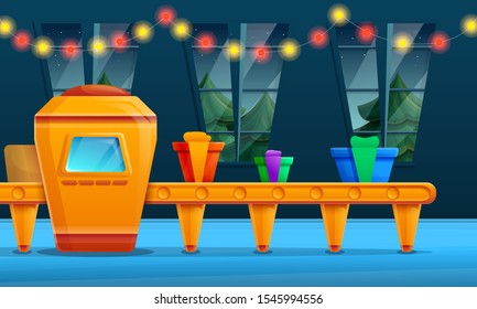 Cartoon factory interior with conveyor for the production of gifts, vector illustration
