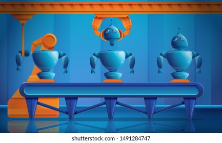 cartoon factory producing conveyor robots, vector illustration