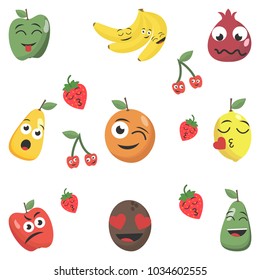 Cartoon factory symbols. Fruity Smileys. Different emotions in the fruit. Every vegetable has different emotions. A set of emoticons. White background. Smiles. Apple, pear, banana, orange, etc. Vector