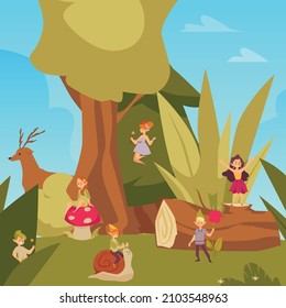 Cartoon fairies in the forest among trees and deer, flat vector illustration isolated on white background. Cute pixie boys and girls flying with magic wand and riding snail.