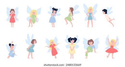 Cartoon fairies. Magic fairy lady characters. Tiny girls wearing costumes with wings, butterfly and dragonfly. Children carnival recent vector set