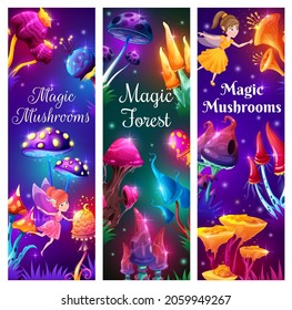 Cartoon fairies and magic mushrooms in fantasy forest. Vector strange fungi, unusual fairytale or jelly alien plants with bright luminous glowing caps, flying sparkles and funny elves