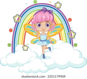 Cartoon fairies soar above a fluffy cloud and a vibrant rainbow