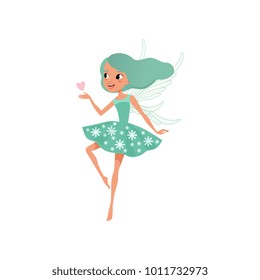 Cartoon fairy character. Beautiful girl with long turquoise hair wearing cute dress. Imaginary fairytale creature. Flat vector for postcard, sticker or children's book