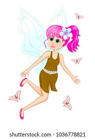 Cartoon fairy in dress and with flower in hair on white background. Flying fairy and butterflies.                                                                                                    