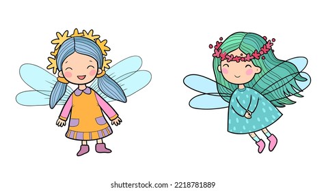 Сute cartoon fairy. Elves princesses with wings. little girl.