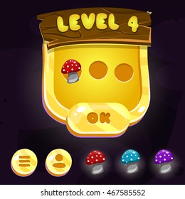 Cartoon fairy forest game ui. Level window and mushrooms.