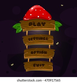 Cartoon fairy forest game ui. Decorative play button. Wood menu buttons. Button settings, options and exit.