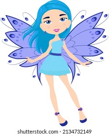 Cartoon fairy girl in blue dress. Fairytale character with magic wings. Flat vector design
