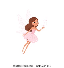 Cartoon fairy girl flying and spreading magical dust. Brown-haired pixie in cute pink dress. Fairytale character with little wings. Colorful flat vector design