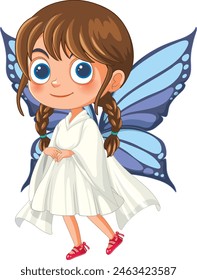 Cartoon fairy girl with large blue wings, smiling