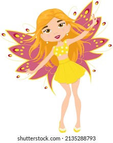Cartoon fairy girl in yellow dress. Fairytale character with magic wings. Flat vector design
