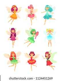 Cartoon fairy girls. Cute fairies dancing in colorful dresses. Magic flying little colorful tale pixie creatures characters in sparkly dress with wings, long dark hair fantasy vector isolated icon set