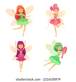 Cartoon fairy girls. Mythological girls in various colorful dresses, magical creatures with wings. Flying pretty female characters in various clothing isolated on white vector set. Young elf