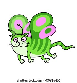 Cartoon fairy green cat flight. Cute fur character. White color background. Cheerful fantasy animal. Vector illustration.