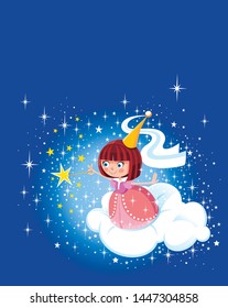 Cartoon fairy holding a wand on  blue background