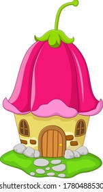 Cartoon Fairy house with a pink bellflower