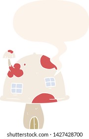 cartoon fairy mushroom house with speech bubble in retro style