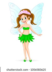 Cartoon fairy on a white background. The fairy is dressed in a skirt of green leaves and with flowers in her hair.                                                                             