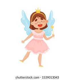 Cartoon fairy in a pink dress with a crown on her head. Vector illustration on a white background.