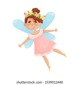 Cartoon fairy in a pink dress flies. Vector illustration on a white background.