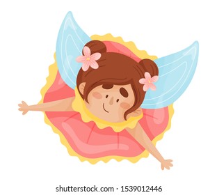 Cartoon fairy in a pink and yellow frill dress. Vector illustration on a white background.