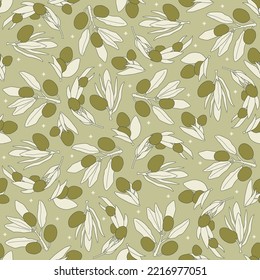 Cartoon fairy seamless pattern of olives and leaves. Vector outline flat illustration.