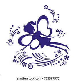 Cartoon fairy silhouette vector illustration. Fairy flying  Silhouette stencil isolated on white background. Silhouette Fairy with a magic wand