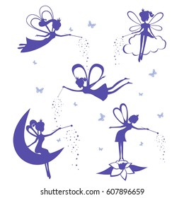 Cartoon fairy silhouette vector set. Set of Blue Fairies Silhouette stencil isolated on white background. Fairies vector illustration.