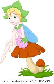 Cartoon fairy sitting on a mushroom 