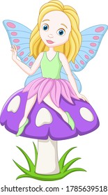 Cartoon fairy sitting on a mushroom 