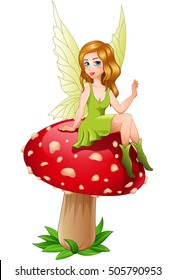 Cartoon fairy sitting on mushroom