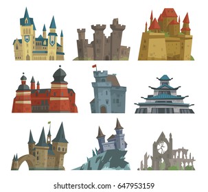 Cartoon fairy tale castle key-stone palace tower icon scarry knight medieval architecture building vector illustration.