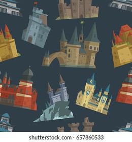 Cartoon fairy tale castle key-stone palace tower architecture building seamless pattern background vector